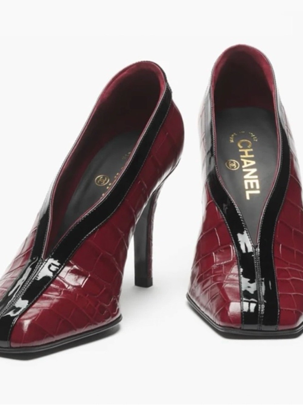 CHANEL Authentic Burgundy and Black Croc-Embossed Patent Leather Stiletto Pumps.